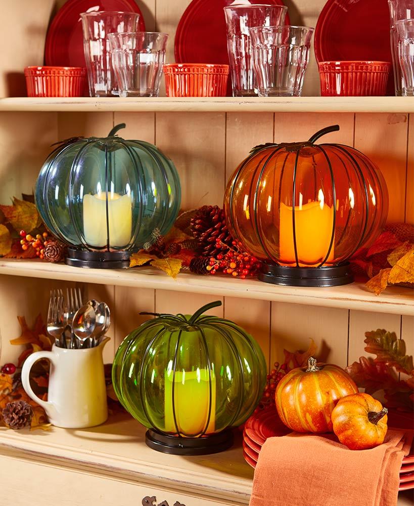 ORANGE Lighted Glass Pumpkin LED Candle Hurricane Lantern Autumn Fall ...