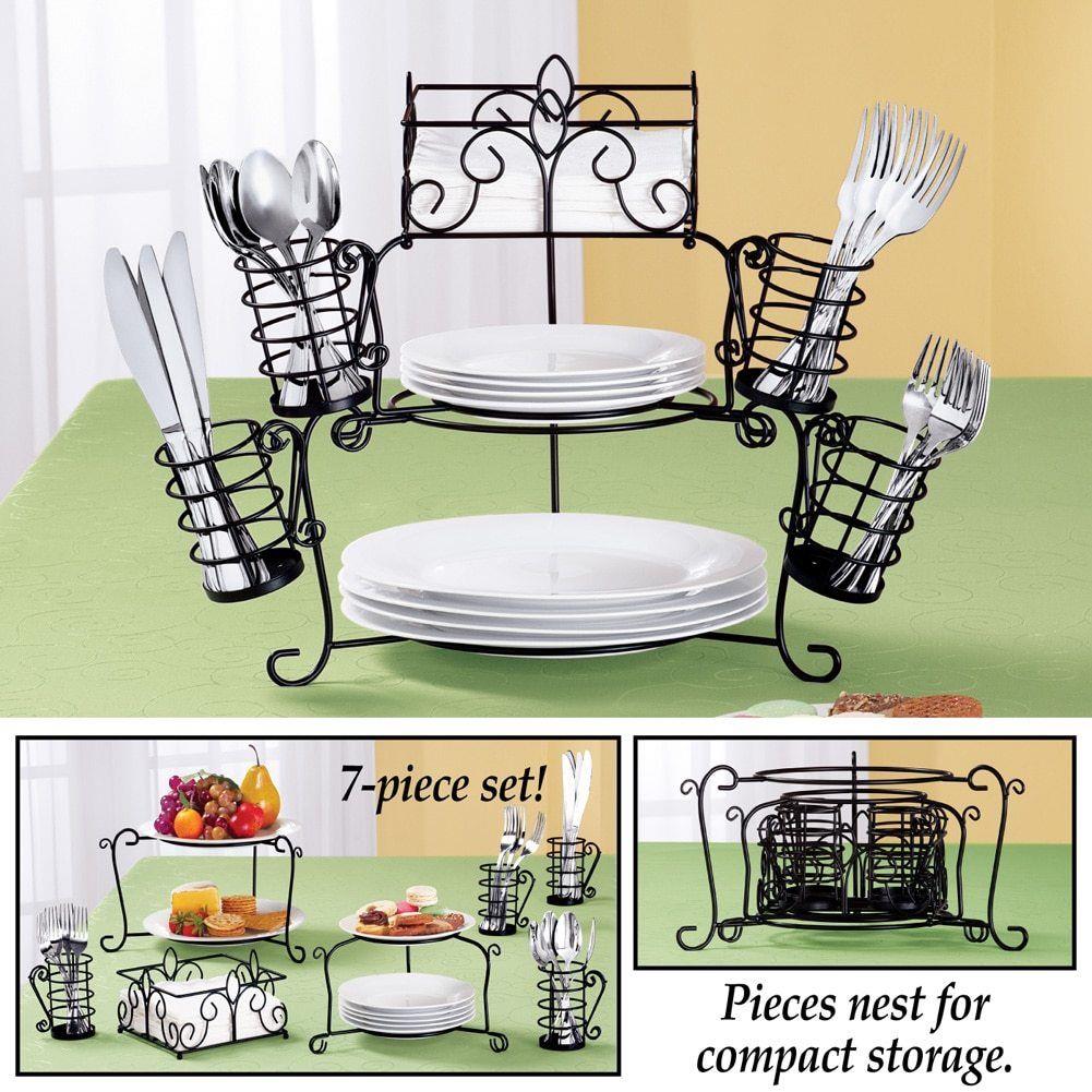 7 PC Serving Buffet Caddy Dinner Party Utensil Plates ...