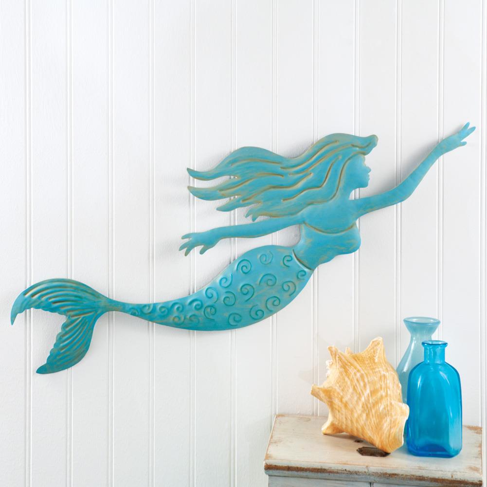Large Metal Blue Swimming Mermaid Wall Art 24 1 2 Pool Coastal Beautifully Detailed Metal Mermaid Will Make A Lovely Beach Inspired Addition To Your Home S Décor The Dimensional Piece Features Swimming