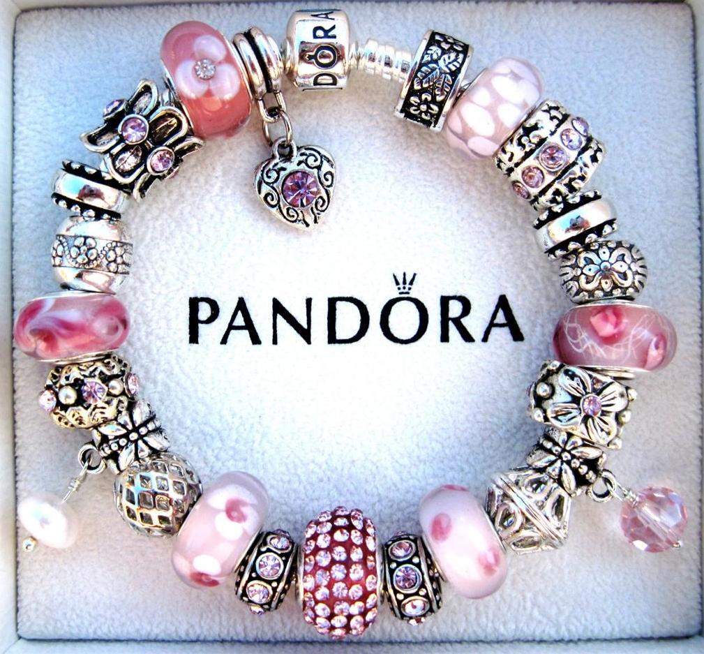 Authentic PANDORA 925 Sterling Silver Bracelet PINK ICE w/Murano Beads ...