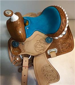 HSBP Pad Girth 6pc 10/" Med O Blue Tooled Trail Western PONY MINI Show Saddle