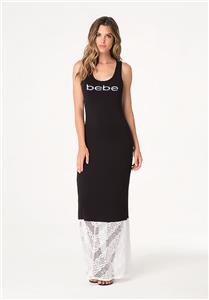 BEBE BLACK WHITE CROCHET DETAIL LOGO CRYSTAL MAXI DRESS $79 NEW XSMALL XS |  eBay