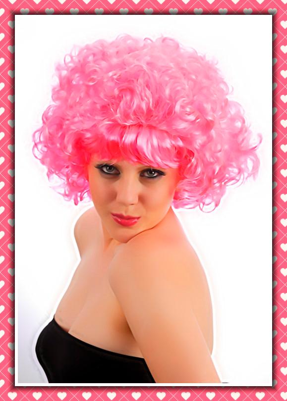 Womens Hot Pink Frenchy Curly WIG 50s Pink Ladies Wig Hair Fancy Dress ...