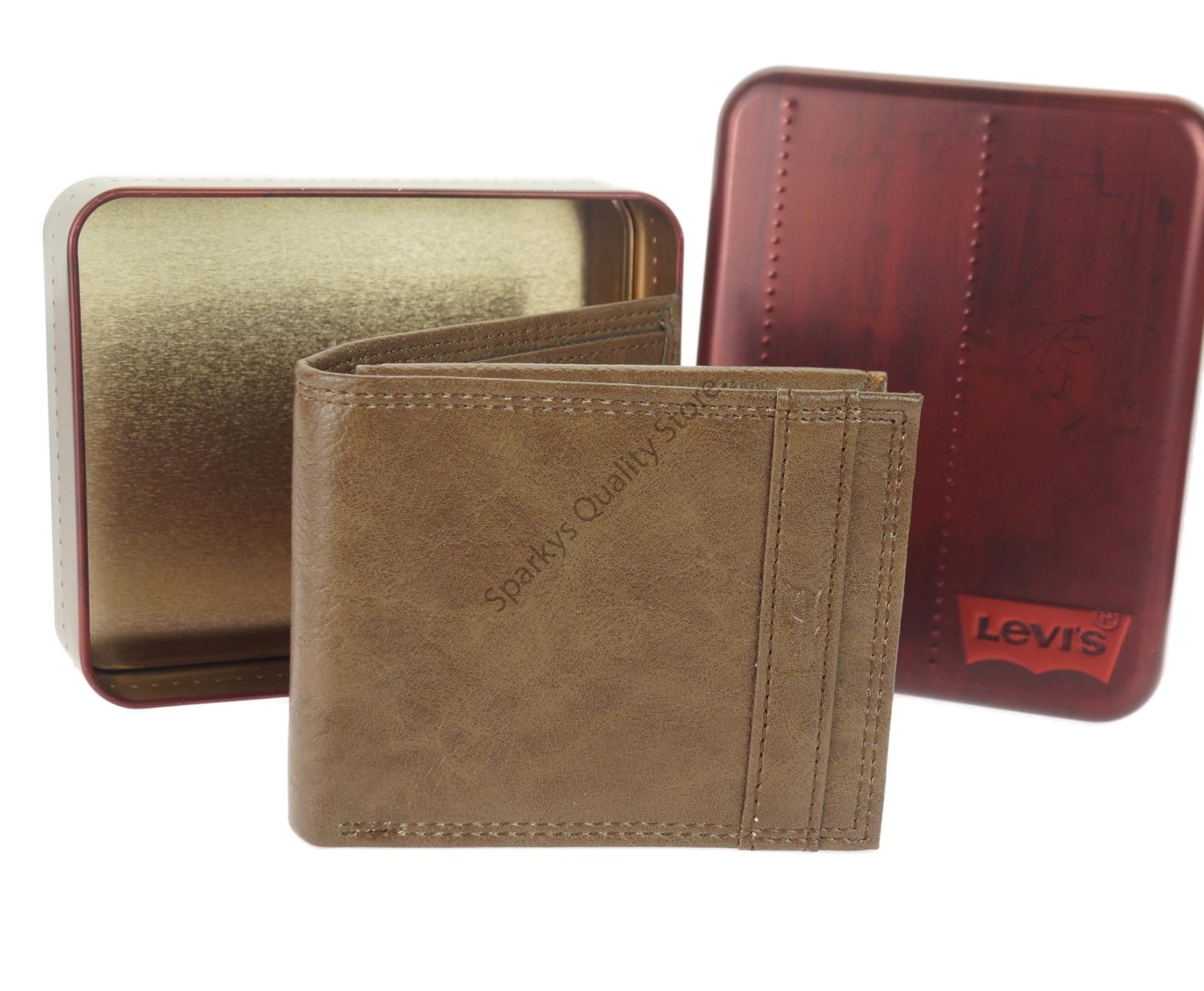 Auténtica billetera de cuero Levi's bronceada doble plegable protección RFID ventana solapa lata - Imagen 7 de 8