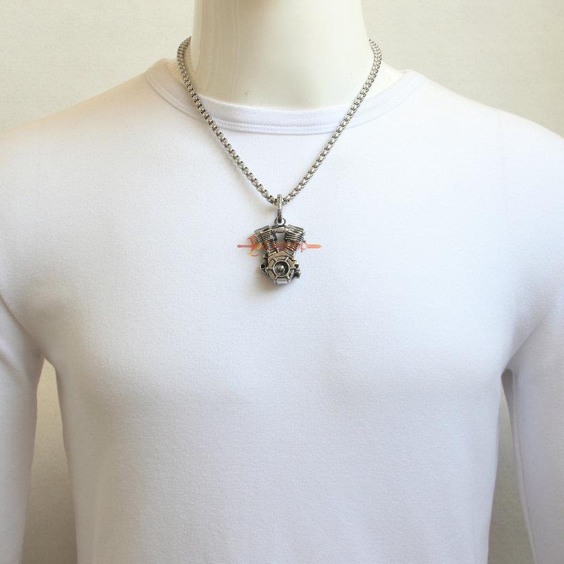 Mens Motorcycle V2 Twin Engine Biker Pendant Necklace Heavy