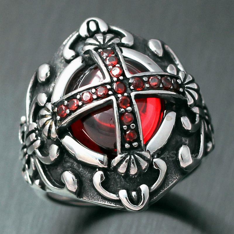 Men Crusader Templar Cross Christian Huge Oval Ruby CZ 316L