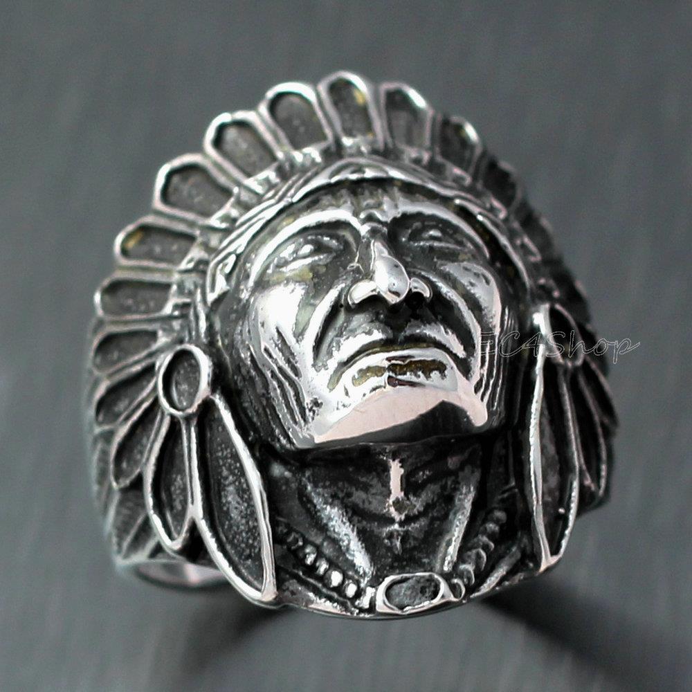 Mens Indian Chief Head Ring Native American Stainless Steel Size 8 9 10 11 12 13