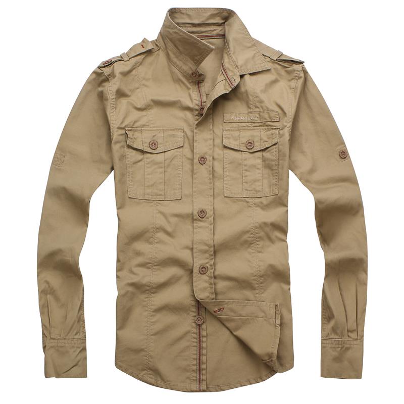 Men Casual Military Style Long Sleeve Cotton Khaki Cargo Jean Shirt ...