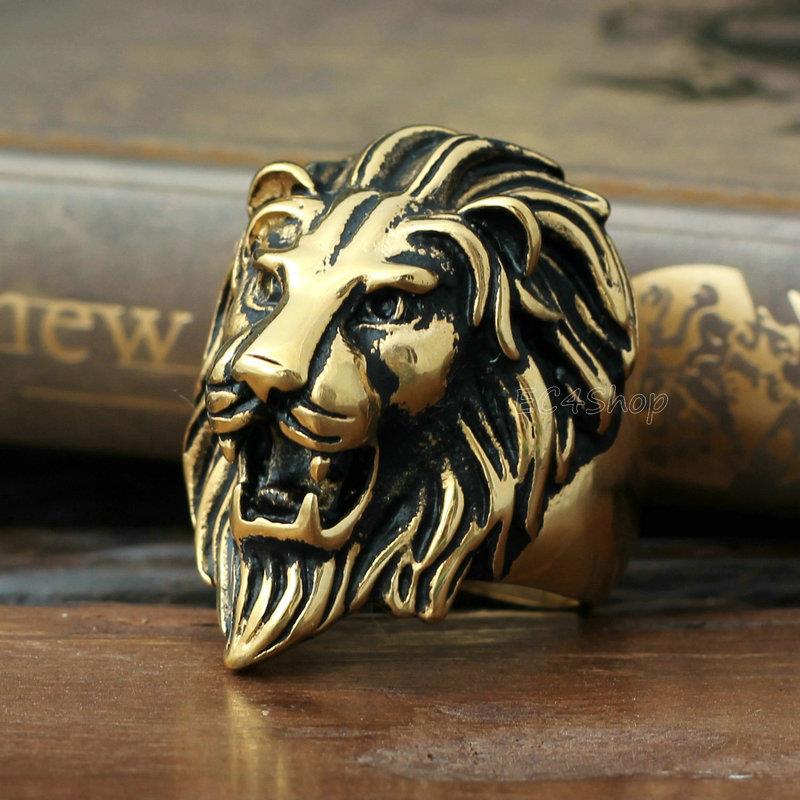 Men's 3D Gold Lion Head Stainless Steel Biker Ring Size 8 9