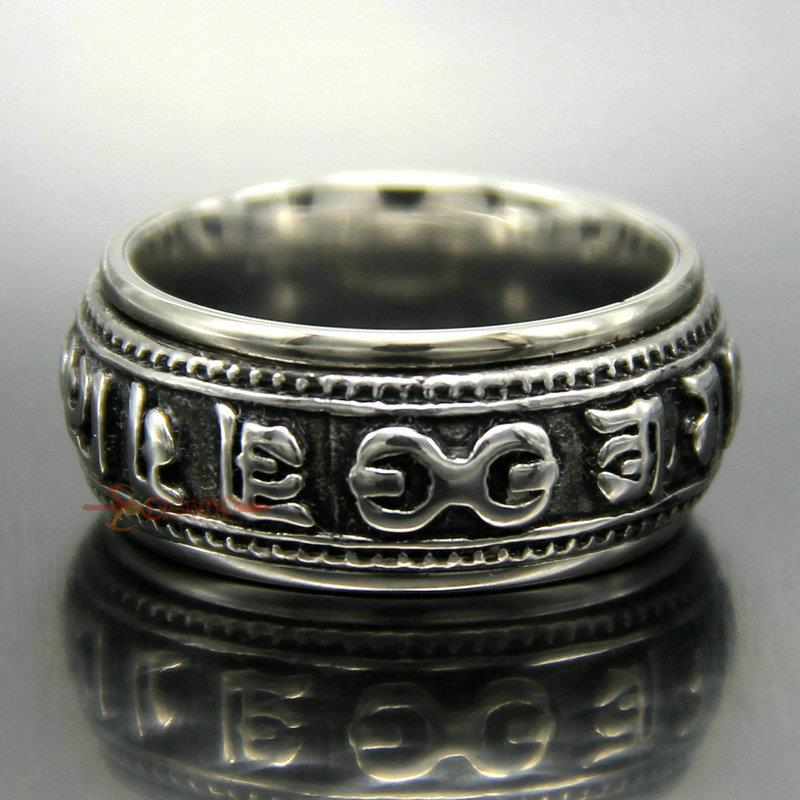 Vintage spinning tibétain sculpté en acier inoxydable OM MANI PADME HUM Amulet Ring