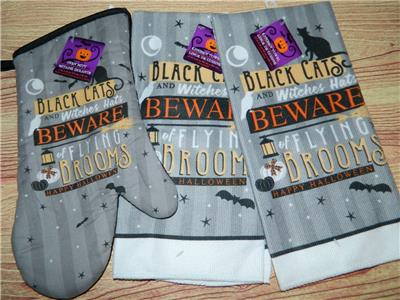 Halloween Kitchen Towels Black Cats Witches Dishcloth Oven Mitt