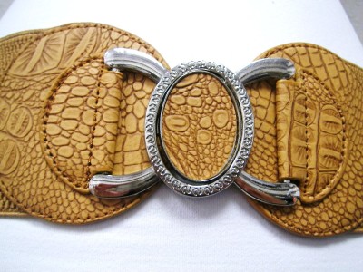 HOT WOMENS ELASTIC BELT BROWN OVAL CROC PRINT CHARMING  display picture 1