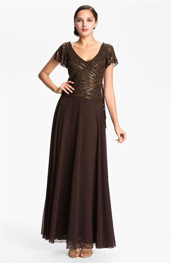 j kara embellished chiffon dress J Kara Embellished V-Neck Bodice Chiffon Gown Dress Sz 14 Brown