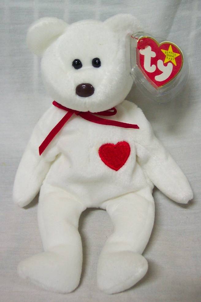 TY Beanie Babies VALENTINO WHITE TEDDY BEAR W/ RED HEART STUFFED ANIMAL ...