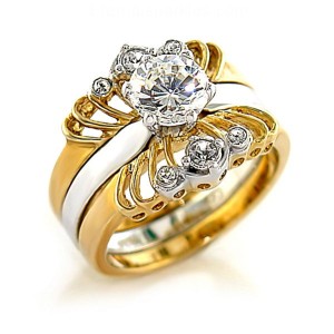 14k Two Tone Gold Overlay Created Diamond Wedding Engagement Ring Set ...