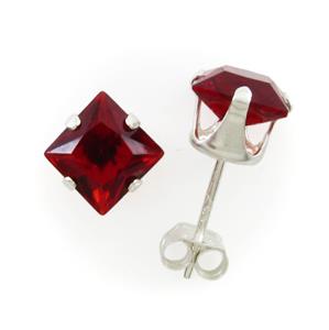 6mm Square Garnet Red Post Earrings; White Vignetted