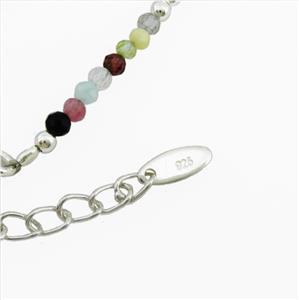 Amazonite, Amethyst, Black Agate, Blue Apatite, and Garnet beads separated by sterling silver beads.