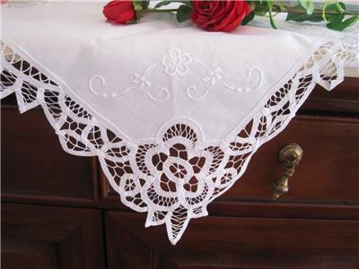 Hand Purple Flower Embroidery Bobbin Lace Cotton White Table Topper Placemat