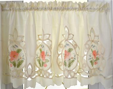 One Piece Pretty Rose Embroidery Batten Lace Curtain Beige