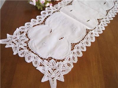 Again@ Elegant Hand Flower Embroidery Hemstitch Cotton White Table Runner