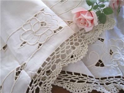 Pair Vintage Rose Embroidery Cutwork Hand Crochet Lace
