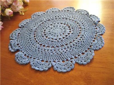 Pretty Chic Hand Crochet Fine Yarn Flower Blue Cotton Doily