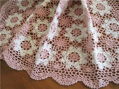 Lovely Hand Crochet Pink Ivory Flower Square Cotton Table Cloth Topper Again