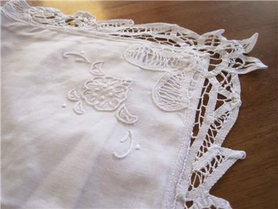 Elegant Hand Batten Lace Flower Embroidery Hemstitch Beige Cotton Topper Doily
