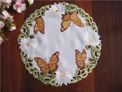 Beautiful Flower Trail Embroidery Sheer Fabric Round Doily Topper Clearance