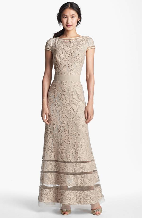 Tadashi Shoji Cap Sleeve Lace Gown in Sand Color, 14P | eBay