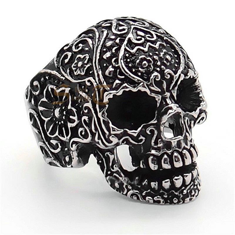 Men Punk Gothic Skull Silver Stainless Steel Biker Ring Gift Size 7-15 Jewelry