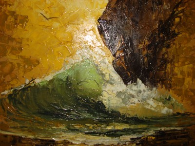 Vintage Oil Painting Laguna Beach Wave Rock Bonsai Tree Barbara