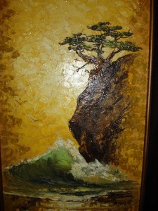 Vintage Oil Painting Laguna Beach Wave Rock Bonsai Tree