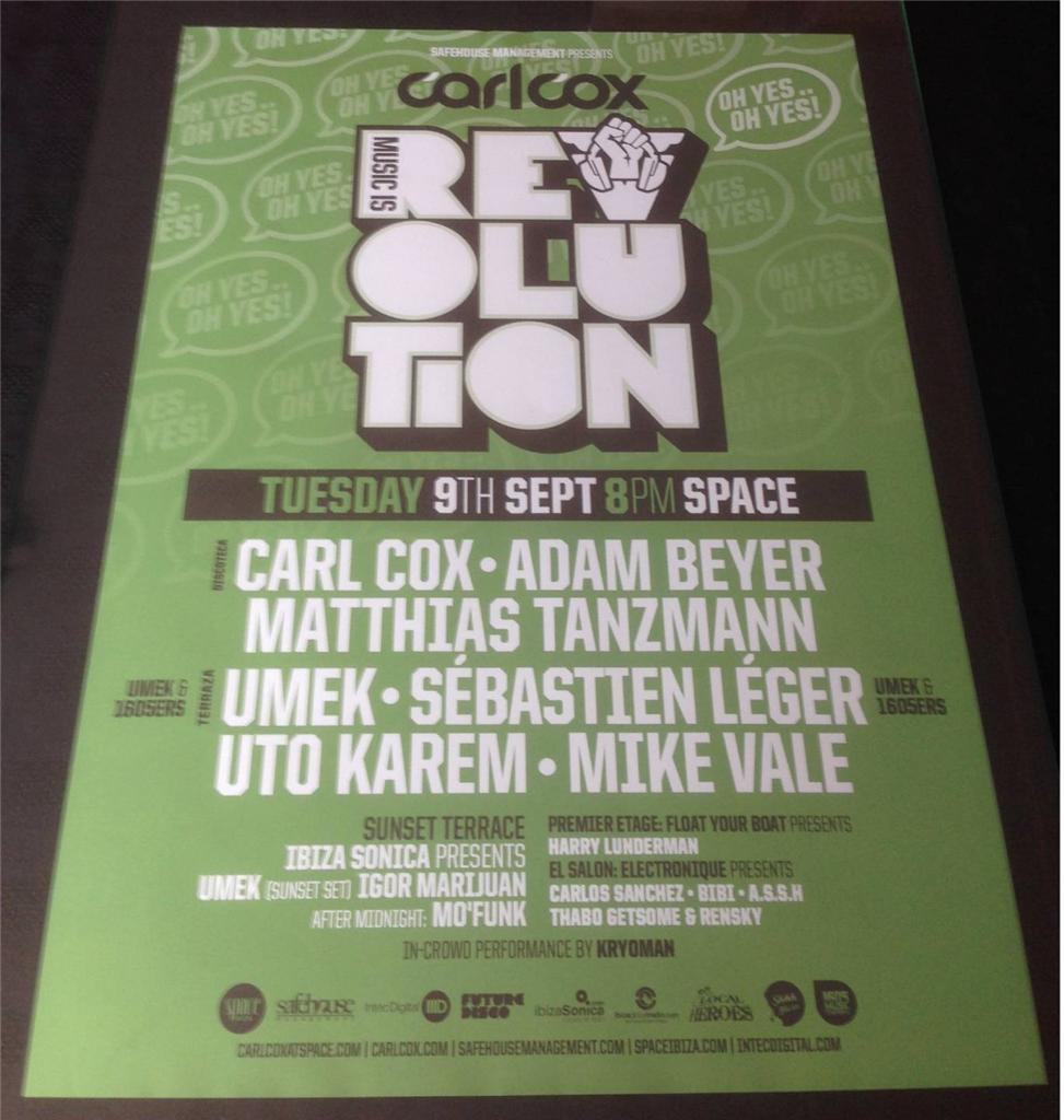 CARL COX 2014 MUSIC IS REVOLUTION @ SPACE IBIZA - IBIZA CLUB POSTERS - DJ MUSIC - Picture 13 of 17