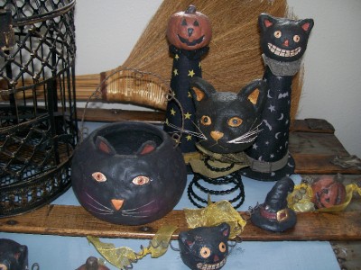 5' Black Cat Pumpkin Head Witch Hat Paper Mache' Coiled Wire Halloween ...