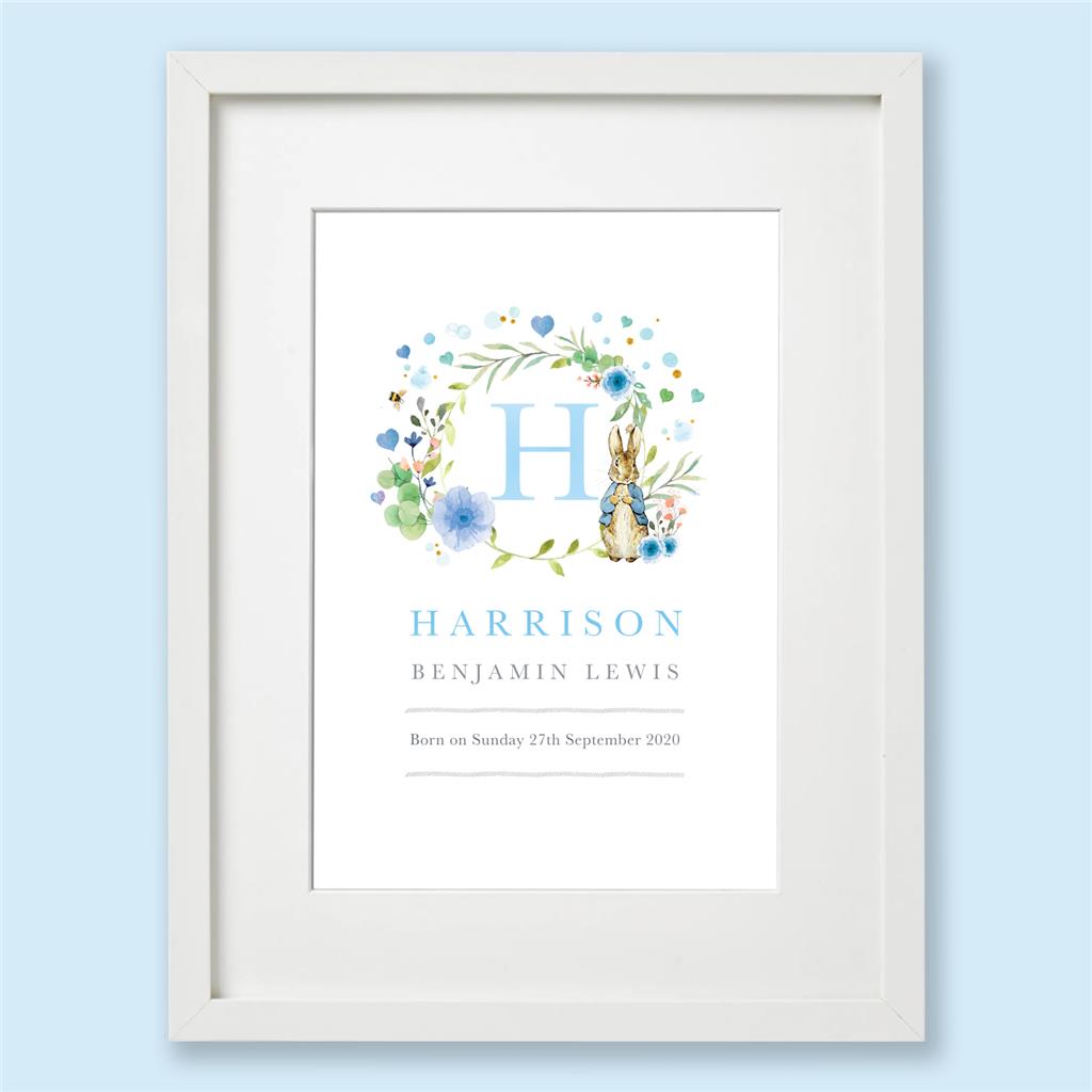 Peter Rabbit Personalised Blue Name Nursery Print Wall Art Gift Baby Boy 