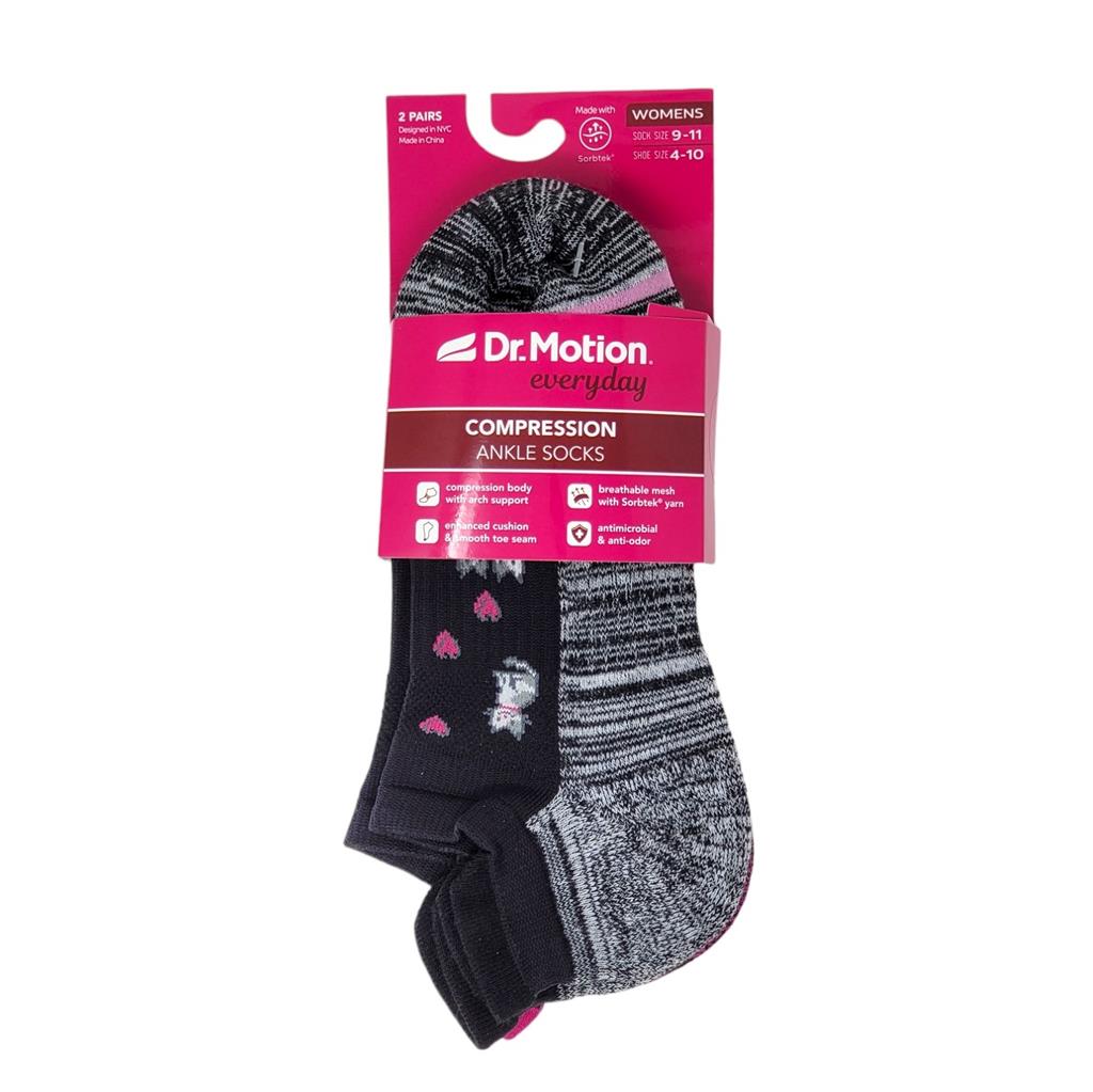 Dr. Motion Women's 2 Pack Cute Design and Black Compression Ankle Socks