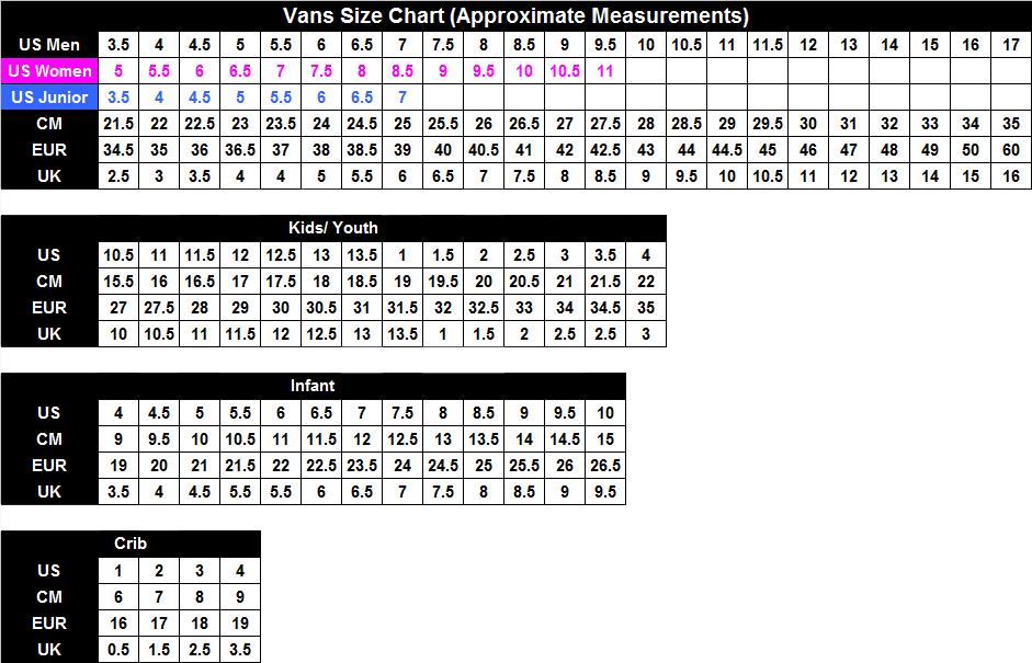 vans canada size chart