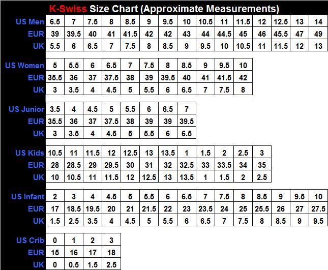 K swiss size chart clearance