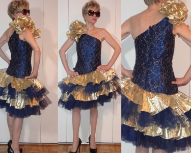 Lie Original Asymmetrical Metallic Gold Blue Lace Tulle Bow Fab Vtg Metallic Gold Blue Lace Tulle Hourgl W Golden Bow Tiers Party Tail Dress 2 3 Xs Rare True Vintage From The 80s