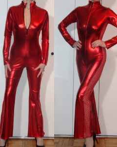 SHINY METALLIC RED CUTOUT SIDES CATSUIT JUMPSUIT FRONT ZIPPER STRETCH S ...
