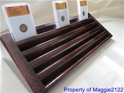 Encapsulated Coin Display Wood  5 Tiers-/>OAK Stain-/>Wide Rows for Plastic Cases