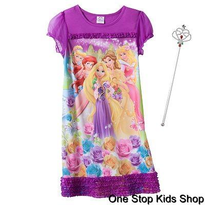 DISNEY PRINCESS Girls 4 6 8 Pjs NIGHTGOWN & WAND Pajamas Rapunzel Belle ...