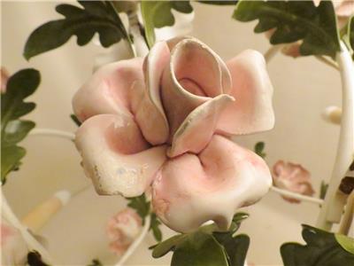 Vintage 1950 S Tole Italian 5 Lite Hanging Chandelier Pink Porcelain Roses Ebay