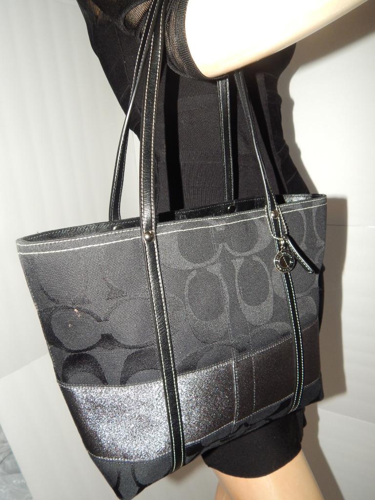COACH Black Gunmetal Signature Stripe Tote 11098 Handbag Designer Purse