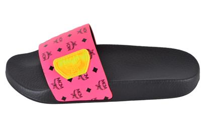 New MCM Women's Neon Pink Canvas Visetos Logo Slides ...