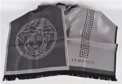 VERSACE グレー ブロックチェック柄 メデューサ イタリア製 NEW Versace $495 Metallic Grey and Black Wool Silk Medusa