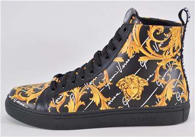Versace★素敵！Black & Gold Logo Details Leather Sneakers Versace Men's Black & Gold Logo Details Leather Sneakers Shoes