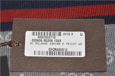 New Gucci 325806 Wool Grey Reversible GG Guccissima Blue Red Web Scarf