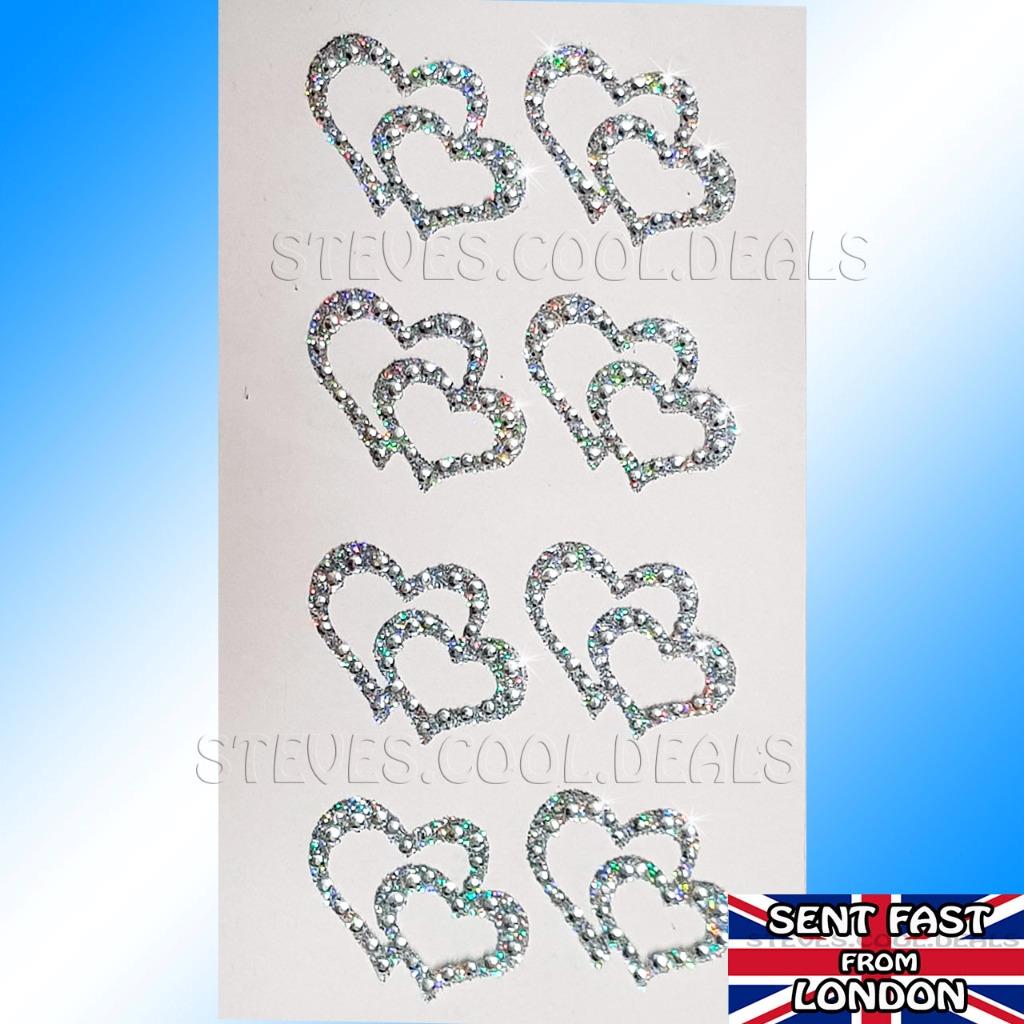 Double Heart Stickers Diamante Sparkly Open Design Love Romance Wedding ...